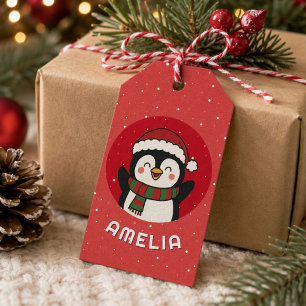 Cute Penguin Christmas Kid`s Name Gift Tags