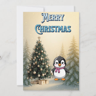 Cute Penguin & Christmas Tree Flat Holiday Card
