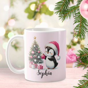 Cute Penguin Christmas Tree Pink Christmas Coffee Mug