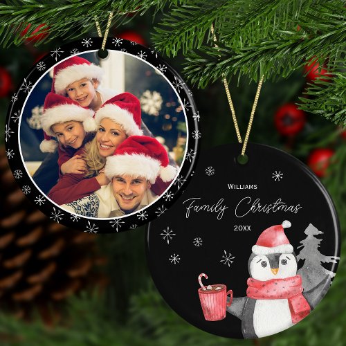 Cute Penguin Christmas w Family Name Year  Photo Ceramic Ornament