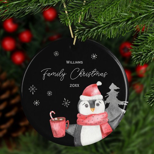 Cute Penguin Christmas with Family Name and Year Ceramic Ornament