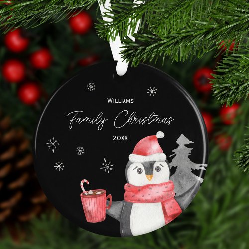Cute Penguin Christmas with Family Name and Year Ornament