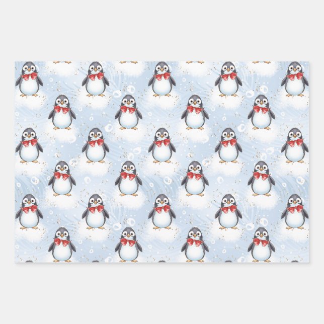 Cute Penguin Christmas  Wrapping Paper Sheets (Front)