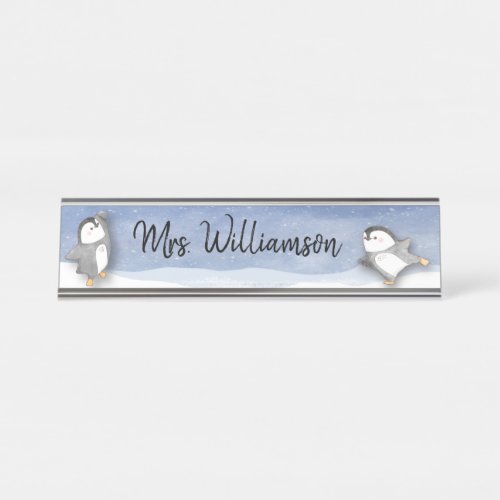 Cute Penguin Classroom Educator Teacher Monogram Desk Name Plate