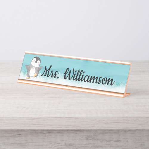 Cute Penguin Classroom Teacher Monogram Desk Name Plate