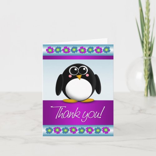 Cute Penguin Colorful Floral Thank You Note Card