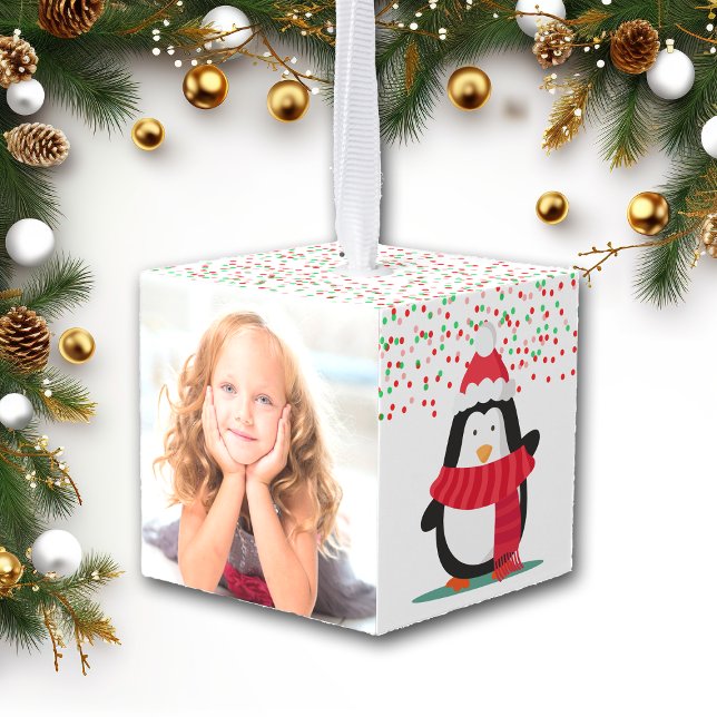 Cute Penguin Confetti Snow Kids Photo Template Cube Ornament (Creator Uploaded)