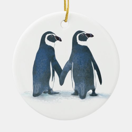 Cute Penguin Couple Holding Hands Ceramic Ornament