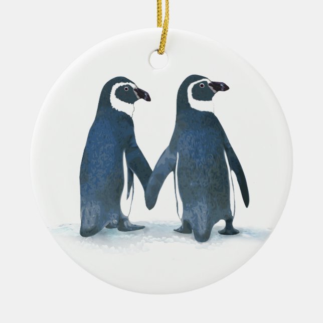 Cute Penguin Couple Holding Hands Ceramic Ornament (Front)
