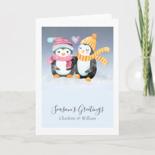 Cute Penguin Couple In Hats Sat In Snow Card