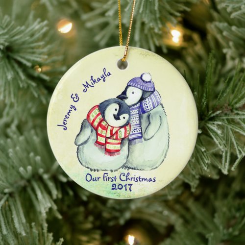 Cute Penguin Couple Our First Christmas Ceramic Ornament