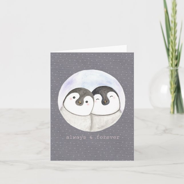 Cute penguin couple smiling Anniversary Valentine Card (Front)
