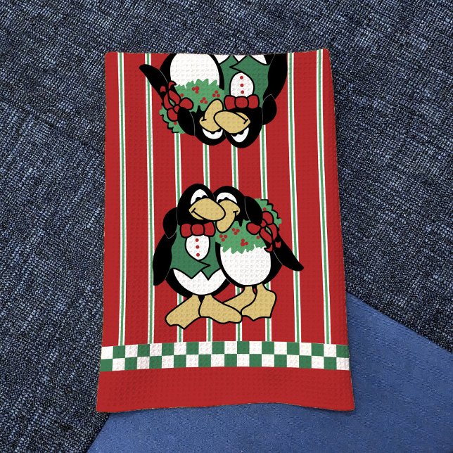 Cute Penguin Couple Whimsical Christmas Love Red Kitchen Towel (Romantic Christmas penguin couple on red and green kitchen towel)