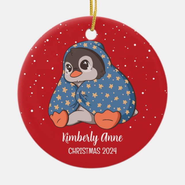 Cute Penguin Cozy Christmas Snowy Winter Holiday Ceramic Ornament (Front)