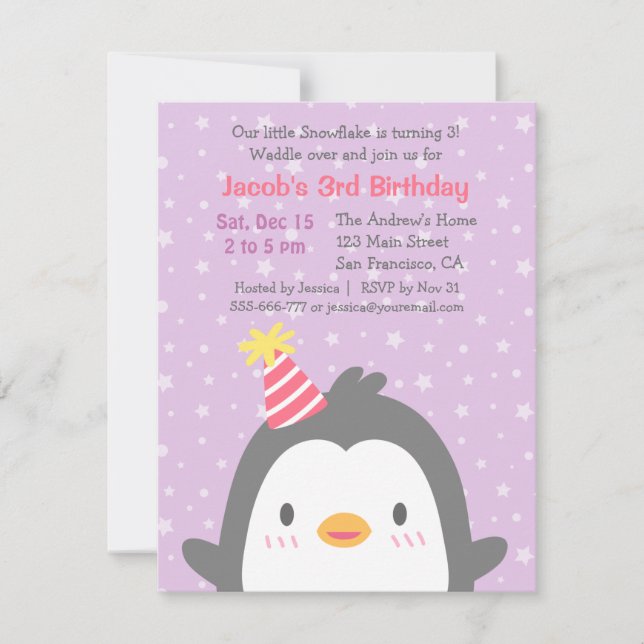 Cute Penguin December Purple Birthday Party Invitation (Front)