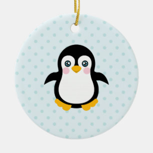 Cute Penguin Design Blue Polka Dot Background Ceramic Ornament