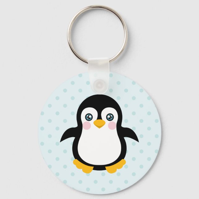 Cute Penguin Design Blue Polka Dot Background Keychain (Front)
