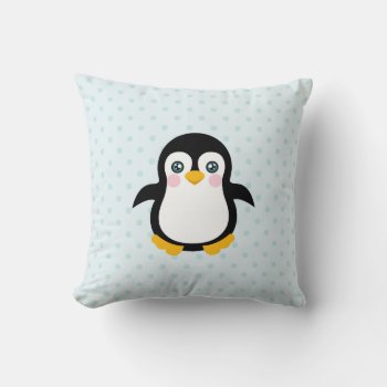 Cute Penguin Design Blue Polka Dot Background Throw Pillow by VintageDesignsShop at Zazzle