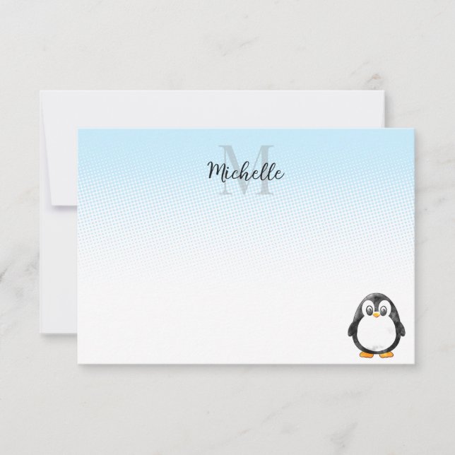 Cute Penguin Drawing Custom Monogram Note Card (Front)