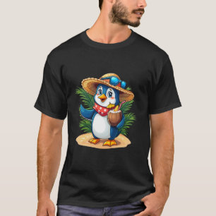 Cute Penguin Drinking Coconut Hawaiian Summer Vaca T-Shirt