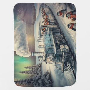 Cute Penguin Express Train Northern Lights Baby Blanket