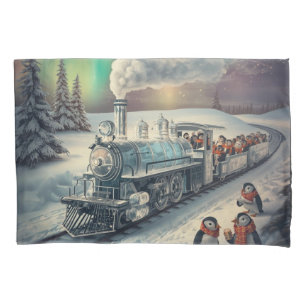 Cute Penguin Express Train Northern Lights Pillow Case