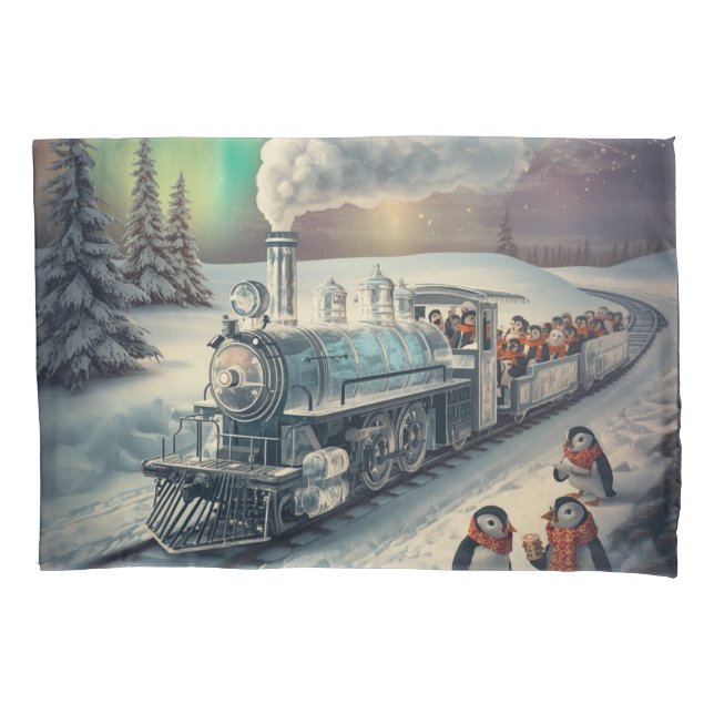 Cute Penguin Express Train Northern Lights Pillow Case (Front)