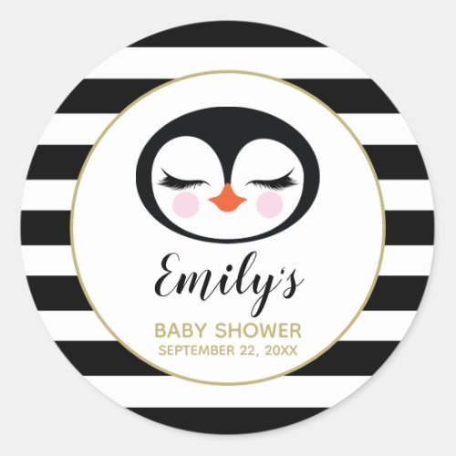 Cute Penguin Face Black and White Baby Shower Classic Round Sticker