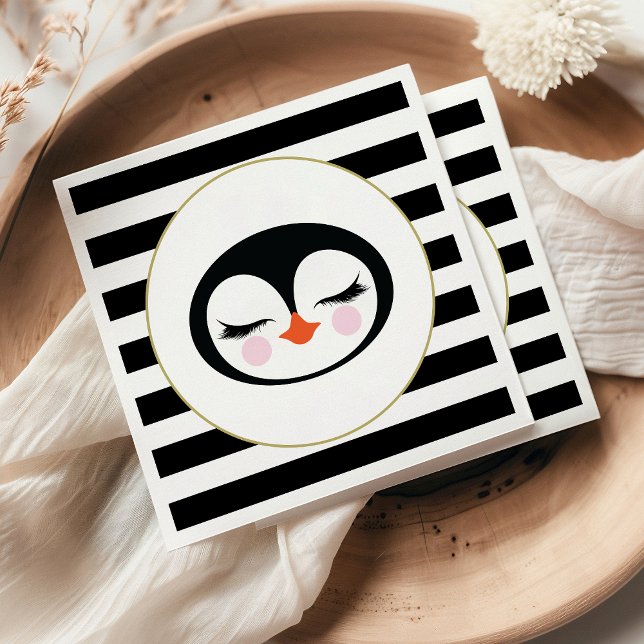 Cute Penguin Face Black and White Striped Party Napkins (Creator Uploaded)