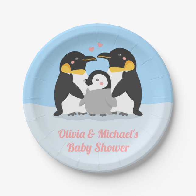 Cute Penguin Family Baby Shower Party Supplies Paper Plates (Front)