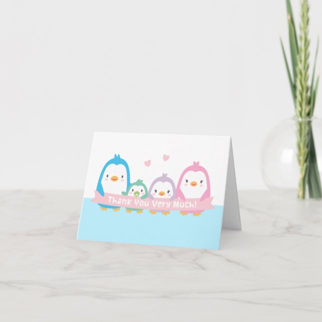 Cute Penguin Family Baby Shower Thank You Cards (Front)