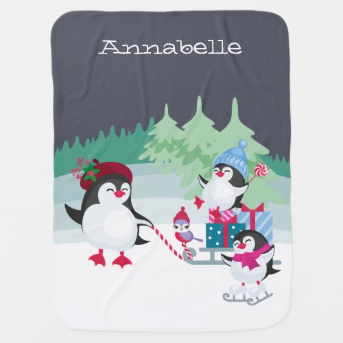 Cute Penguin Family in Forest Snow Scene Baby Blanket