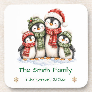 Cute Penguin Family of 4 Custom Christmas Beverage Coaster