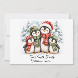 Cute Penguin Family of 4 Custom Christmas Holiday Card
