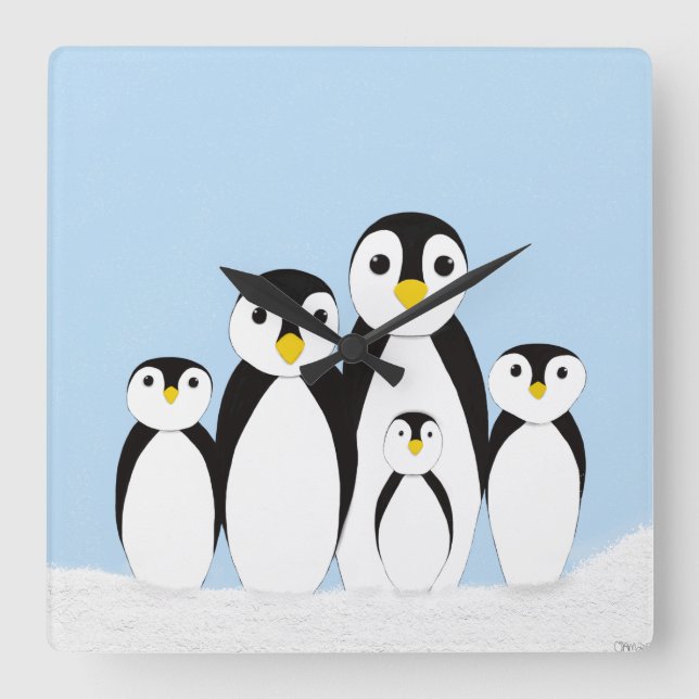 Cute Penguin Family Square Wall Clock (Front)