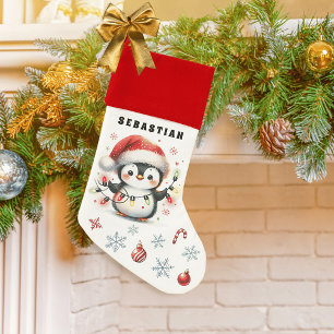 Cute Penguin Festive White and Red Custom Name Christmas Stocking