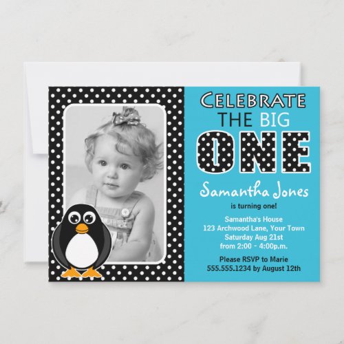 Cute Penguin First Birthday Party Blue Invitation