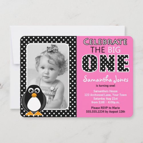 Cute Penguin First Birthday Party Pink Announcement