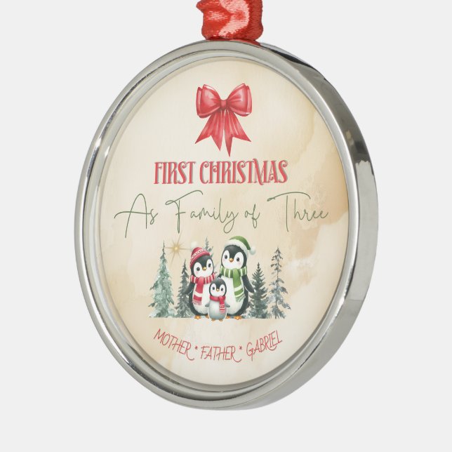 Cute Penguin First Christmas As Family Of Three Metal Ornament (Left)