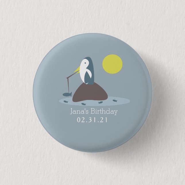 Cute Penguin Fishing Birthday Party Button (Front)