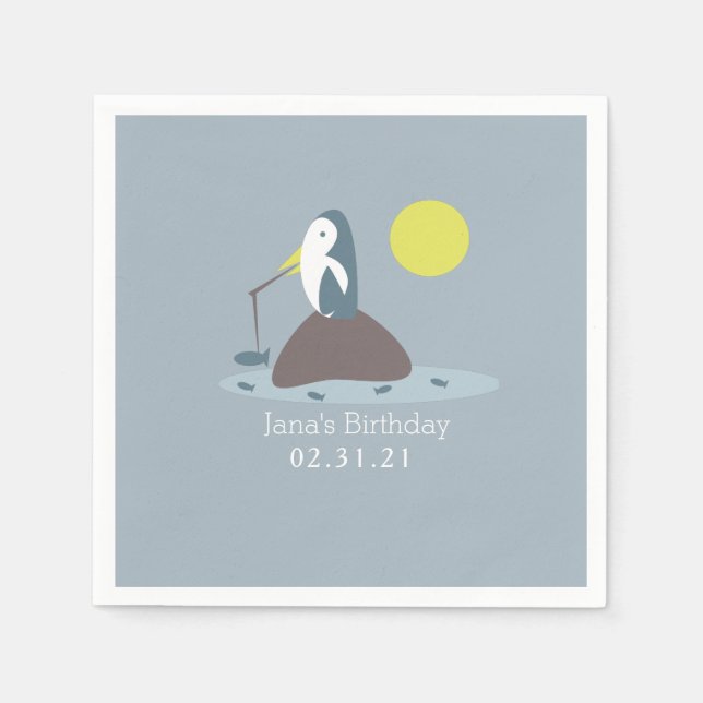 Cute Penguin Fishing Birthday Party Napkins (Front)