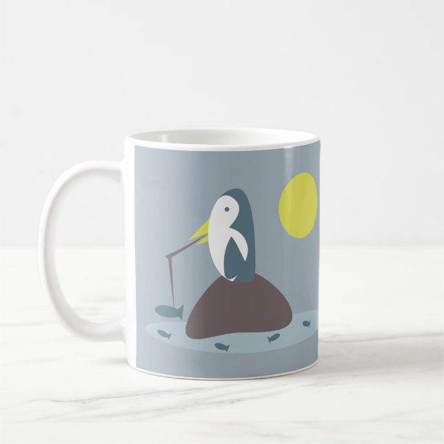 Cute Penguin Fishing Illustration Coffee Mug (Left)