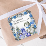 Cute Penguin From Santa Kids Christmas Square Sticker<br><div class="desc">Cute kids christmas stickers featuring a washed out gray background,  elegant watercolor xmas blue florals & foliage,  adorable baby penguins,  xmas tree,  gifts,  and a text template for you to customize.</div>