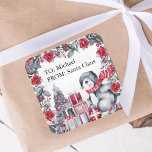 Cute Penguin From Santa Kids Christmas Square Sticker<br><div class="desc">Cute kids christmas stickers featuring a washed out gray background,  elegant watercolor xmas red florals & foliage,  adorable baby penguins,  xmas tree,  gifts,  and a text template for you to customize.</div>