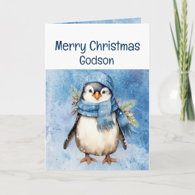 Cute Penguin Fun Animal Godson Christmas Card (Front)