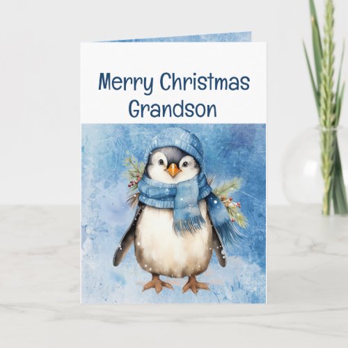 Cute Penguin Fun Animal Grandson Kids Christmas Card