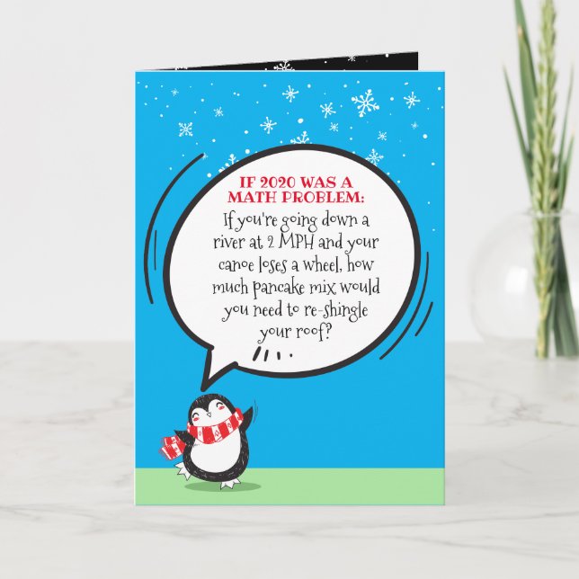 Cute Penguin Funny 2020 Math Problem Quote on Red Holiday Card (Front)