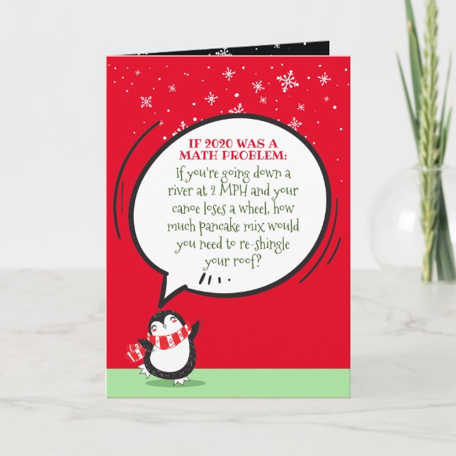 Cute Penguin Funny 2020 Math Problem Quote on Red  Holiday Card (Front)