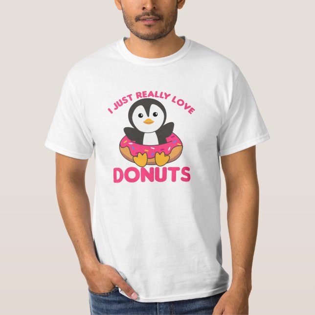 Cute Penguin Funny Animals In Donut Pink T-Shirt (Front)