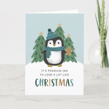 Cute Penguin Funny Penguin-ing Christmas  Holiday Card by Orabella at Zazzle